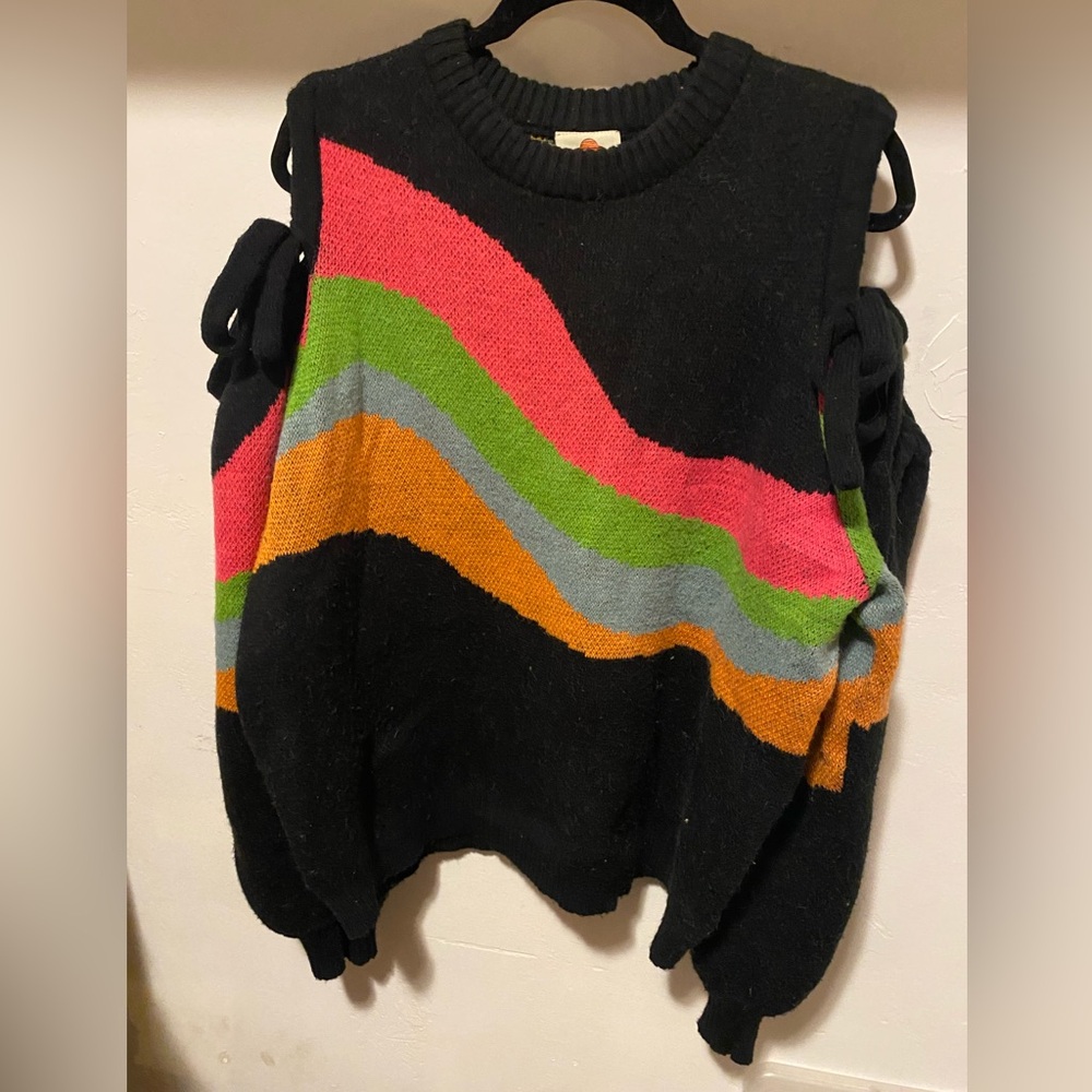 FARM Rio Black Sweater with Pink, Orange, Green, and Gray Stripes